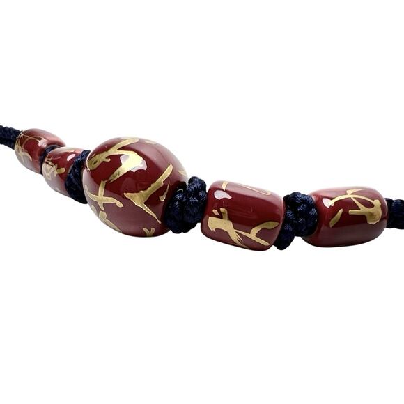 Necklace Ceramic Beads Hand Knotted Purple Gold Accents Braided Double Cord Navy - Picture 5 of 13